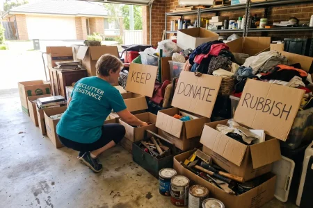 Declutter Assistance organiser sorting a garage into keep, donate and rubbish piles during an estate clearance