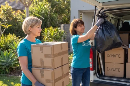 Two Declutter Assistance organisers loading boxes and a bag into the van during an estate clearance