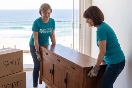 Two Declutter Assistance organisers lifting a timber sideboard in a beachside apartment