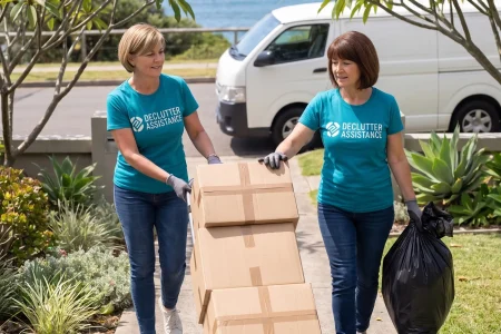 Two Declutter Assistance organisers wheeling a trolley of boxes to the van with the ocean behind