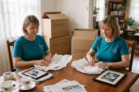 Two Declutter Assistance organisers wrapping china and framed photos during a deceased estate clearance